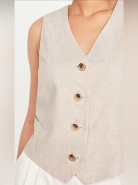 Neutral Linen-Look Button Front Vest by Old Navy. Out of stock style